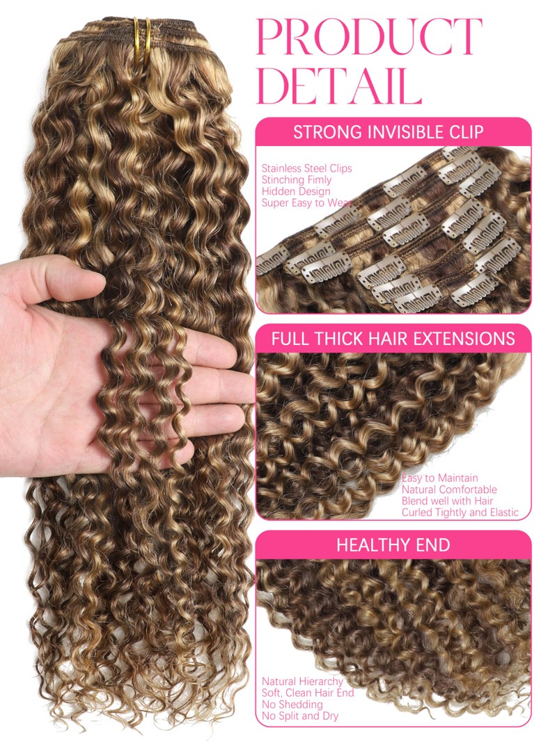 Lacer Curly Clip in Human Hair Extensions Jerry Curly 3B 3C Real Hair Clip in Extensions For Black Women Dark Brown mixed with Strawberry Blonde 100% Brazilian African Hair Extensions (20 inch #P4/27) - Image 2